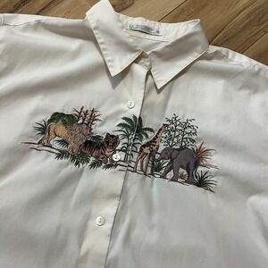 Vintage 80's Orvis Embroidered African Safari Animals Women's Sz 16 Ivory Lions